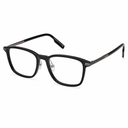 Black square-framed eyeglasses on a white background.