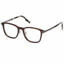 Brown square-framed eyeglasses on a white background.