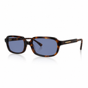 Havana-framed sunglasses with dark blue lenses on a white background.