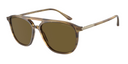 Sunglasses with brown lenses and gold frame on a white background