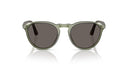 Sunglasses with green frames and dark lenses on a white background