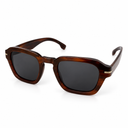 Side angle of tortoiseshell framed sunglasses on a white background. 