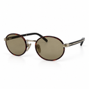 Side angle of tortoiseshell frame and brown lenses on a white background. 