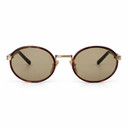 Side angle of tortoiseshell frame and brown lenses on a white background. 