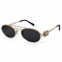 Side angle of gold framed sunglasses with dark lenses on a white background. 