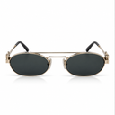 Front angle of gold framed sunglasses with dark lenses on a white background. 
