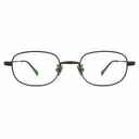 Pair of eyeglasses with black frame and green temple tips on a white background