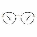 Round eyeglasses with black frames and brown temples on a white background