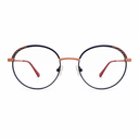 Round eyeglasses with black frames and orange temples on a white background