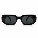 Front angle of black sunglasses with black tinted lenses on a white background. 