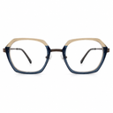 Eyeglasses with a gold and blue frame on a white background