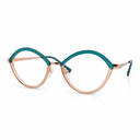 Green and rose gold eyeglasses on a white background