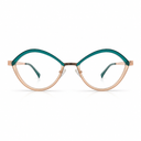 Rose gold and green eyeglasses on a white background