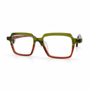 Green and red eyeglasses on a white background