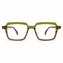 Red and green eyeglasses on a white background