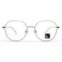Silver eyeglasses with a brand logo on a white background