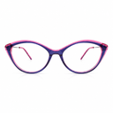 Cat-eye glasses with a blue and pink frame on a white background