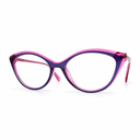 Cat-eye glasses with a pink and blue frame on a white background