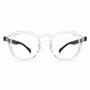 Clear round eyeglasses with tortoiseshell accents on a white background