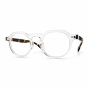 Clear round eyeglasses with tortoise accents on a white background