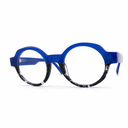 Blue eyeglasses with a black and clear pattern on a white background