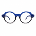 Round eyeglasses with blue frame and black pattern on a white background