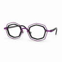 Geometric purple and black eyeglasses on a white background