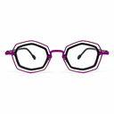 Glasses with purple frame and clear lenses on a white background