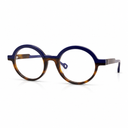Round eyeglasses with a blue and tortoise frame on a white background