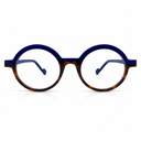 Round eyeglasses with tortoise and blue frame on a white background
