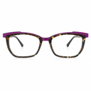 Eyeglasses with a purple and tortoise frame on a white background