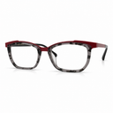 Eyeglasses with a red and gray frame on a white background