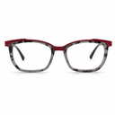 Eyeglasses with a red frame and gray-tortoiseshell temple tips on a white background