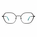 Black eyeglasses with blue temples on a white background