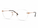 Rose gold rimless eyeglasses on a white background