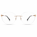 Round eyeglasses with rose gold frame and black arms on a white background
