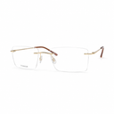 Gold and brown rimless eyeglasses on a white background