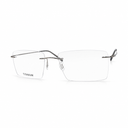 Pair of rimless titanium eyeglasses on a white background