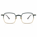 Eyeglasses with a green and gold frame on a white background