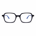 Black eyeglasses with blue temple tips on a white background