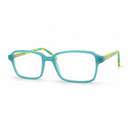 Turquoise eyeglasses with yellow accents on a white background