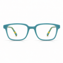 Blue eyeglasses with yellow handles on a white background
