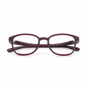 Pair of maroon eyeglasses on a white background
