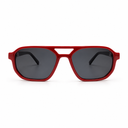 Red sunglasses with dark lenses on a white background
