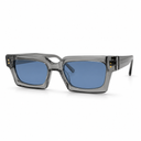 Sunglasses with gray frame and blue lenses on a white background