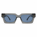 Sunglasses with a gray frame and blue lenses on a white background