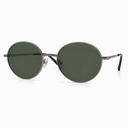 Round silver sunglasses with dark lenses on a white background