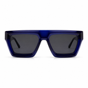 Blue sunglasses with dark lenses on a white background