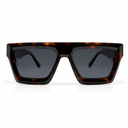 Sunglasses with brown tortoiseshell frame and dark lenses on a white background