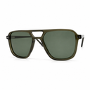Sunglasses with green frame and dark lenses on a white background